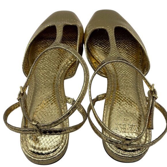 ZARA Gold Front Strap Flats Shoes Women’s Sz 41 US SZ 10 Snakeskin - Picture 10 of 13